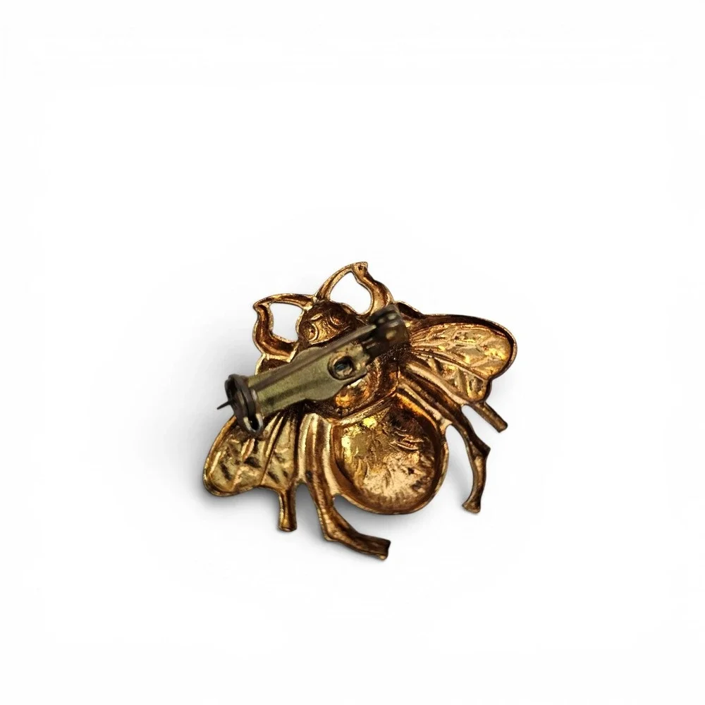 Vintage Midcentury Gold Tone Bumble Bee Brooch Blue Rhinestone Insect Pin Small